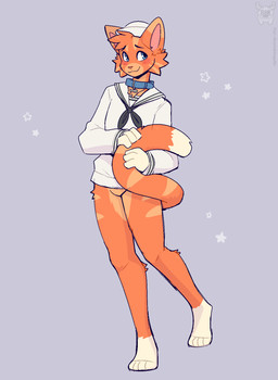 anthro black_eyebrows blue_collar blue_eyes blush bottomless cheek_tuft clothed clothing collar eyebrows facial_tuft fur head_tuft holding_own_tail holding_tail looking_away male markings orange_body orange_fur pink_nose shirt simple_background smile solo standing striped_markings stripes tail topwear tuft white_clothing white_shirt white_topwear fleurfurr domestic_cat felid feline felis mammal cel_shading colored colored_sketch digital_drawing_(artwork) digital_media_(artwork) hi_res shaded sketch