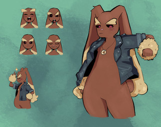 4_fingers anthro arm_tuft blush blush_stickers brown_body brown_fur brown_tail clothed clothed_anthro clothing colorful_background cotton_tail eyebrows female fingers fur jacket jewelry leather leather_clothing leather_jacket leather_topwear long_ears necklace tail tan_body tan_fur topwear tuft waist wide_hips c0cobeanz nintendo pokemon generation_4_pokemon lopunny pokemon_(species) absurd_res hi_res