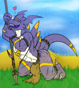 abs anthro belt big_bulge big_penis big_tail bodily_fluids bottomwear bulge claws clothed clothing detailed_bulge digital_background digiworld drooling genitals gesture half-closed_eyes head_wings heart_symbol hip_sway horn huge_bulge huge_penis inviting inviting_to_sex kneeling leaning leaning_forward leaning_on_object licking licking_object loincloth looking_at_viewer male melee_weapon muscular narrowed_eyes paws pecs penis polearm raised_tail revealing_outfit saliva scenery seductive skimpy smile smiling_at_viewer solo spear spread_legs spreading straps suggestive suggestive_gesture tail tight_bulges tight_clothing tight_underwear tongue tongue_out tribal tusks underwear unusual_wing_placement weapon wings conditional_dnp samagthrav2 bandai_namco digimon dragoneer_(character) murasadramon absurd_res hi_res