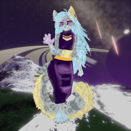 ambiguous_gender anthro blue_hair clothing cosmic_background fluffy fluffy_tail gas_giant gold_latex golden_clothing grey_body hair halter_top hobble_skirt latex latex_clothing leopard_spots long_hair mountain ring_system solo space space_background spots tail translucent translucent_hair wide_hips evelyn_ivy felid mammal pantherine snow_leopard 1:1 hi_res