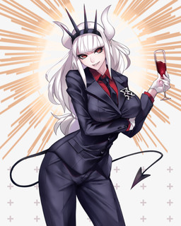 alcohol beverage big_breasts breasts clothed clothing container cup drinking_glass female glass glass_container glass_cup gloves hair handwear horn long_hair markings mole_(marking) necktie not_furry occult_symbol red_eyes sigil sigil_of_lucifer simple_background solo spade_tail standing symbol tail white_hair white_horn wine wine_glass bansanv3 helltaker lucifer_(helltaker) horned_humanoid humanoid 4:5 hi_res portrait three-quarter_portrait