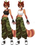 2024 5_fingers anthro black_clothing black_crop_top black_shirt black_topwear bottomwear breasts brown_body brown_eyebrows brown_fur brown_hair camo camo_bottomwear camo_clothing camo_pants camo_print canid canine clothed clothed_anthro clothed_female clothing crop_top digital_drawing_(artwork) digital_media_(artwork) dvampiresmile eyebrows eyelashes female female_anthro fingerless_gloves fingers footwear full-length_portrait fur gloves green_eyes hair handwear jewelry mammal markings midriff navel necklace pants pattern_bottomwear pattern_clothing pattern_pants portrait raccoon_dog ring_(marking) ringed_tail shirt shoes simple_background smile solo striped_markings striped_tail stripes tail tail_markings tanuki tongue tongue_out topwear white_background white_clothing white_crop_top white_topwear yuri_(dvampiresmile)