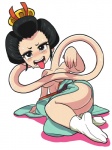 asian_clothing black_eyes black_hair bodily_fluids breasts butt clothing clothing_cord covering covering_breasts covering_self east_asian_clothing female hair japanese_clothing kimono not_furry obi obijime solo sweat tongue tongue_out undressing gashi-gashi asian_mythology east_asian_mythology japanese_mythology level-5 mythology yo-kai_watch lady_longnek humanoid rokurokubi yokai 3:4