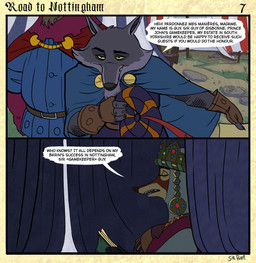 anthro belt belt_buckle buckle checkpoint clothing ears_up female gloves group guardsmen handwear hat hat_feather headdress headgear headwear inside loose_feather male narrowed_eyes noblewoman open_mouth outside rock scroll sitting standing text trio unimpressed sir_paulus lisabeth_(lord_paulus) canid canine canis fox mammal rhinoceros wolf english_text hi_res