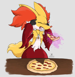 ambiguous_gender anthro black_body black_fur bodily_fluids cheek_tuft eyes_closed facial_tuft fangs flying_sweatdrops focused food fur furniture inner_ear_fluff jewelry logo necklace necklace_only nude open_mouth orange_inner_ear_fluff orange_nose pizza pizza_slice psychic_energy psychic_powers red_body red_fur solo standing sweat sweatdrop table tail teeth text tongue tuft white_body white_fur wood wood_furniture wood_table yellow_body yellow_fur razgrizdl levitating_pizza nintendo pokemon avery_(razgrizdl) delphox generation_6_pokemon pokemon_(species) 2024 artist_logo artist_name hi_res icon meme female_(lore)