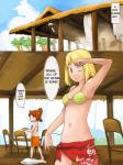 3:4 amber_eyes beach bikini blonde_hair breasts building chair cloth clothed clothing cloud comic detailed_background dialogue dish duo_focus english_text female food furniture group hair human long_hair looking_at_viewer mammal navel one_eye_closed open_mouth outside palm_tree plant ponytail raised_arm red_hair seaside skimpy sky smile swimwear table text tree vu06