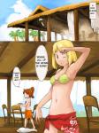 3:4 amber_eyes beach bikini blonde_hair breasts building chair cloth clothed clothing cloud comic detailed_background dialogue dish duo_focus english_text female food furniture group hair human long_hair looking_at_viewer mammal navel one_eye_closed open_mouth outside palm_tree plant ponytail raised_arm red_hair seaside skimpy sky smile swimwear table text tree two-piece_swimsuit vu06