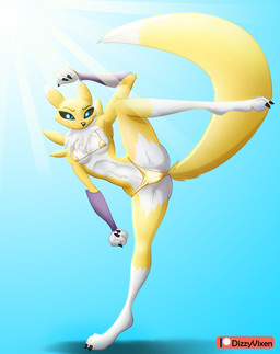 anthro bikini camel_toe clothing female flexible gold_swimwear kick nipple_outline pose solo spread_legs spreading swimwear two-piece_swimsuit dizzyvixen bandai_namco digimon digimon_(species) renamon hi_res pinup
