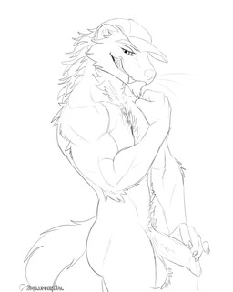 anthro claws clothing flexing fur genitals hat headgear headwear looking_at_viewer male muscular nude penis smile solo standing whiskers spelunker_sal mammal mustelid musteline stoat true_musteline weasel hi_res monochrome