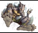 anthro big_tail bottomwear claws clothed clothing electricity electricity_manipulation elemental_manipulation feet foot_focus full_foot_pawpads full_pad grey_body grey_scales male orange_body orange_eyes orange_scales padded_palms paws scales shorts shorts_only spikes tail toe_claws topless kredri capcom monster_hunter fan_character fuse_(razim) fanged_wyvern lunagaron scalie tobi-kadachi tobi-lunagaron 2025
