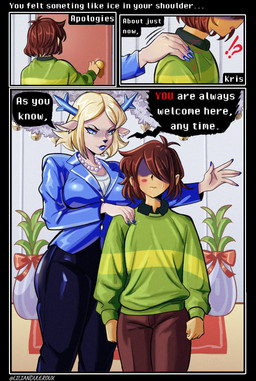 ambiguous_gender anthro antlers black_bottomwear black_clothing black_pants blonde_hair blue_antlers blue_clothing blue_eyes blue_jacket blue_lips blue_nails blue_topwear blush bodily_fluids bottomwear breasts brown_bottomwear brown_clothing brown_pants clothing colored_nails deer_antlers dialogue door duo female female/ambiguous gem green_clothing green_sweater green_topwear hair hand_on_another's_shoulder hand_on_shoulder horn jacket jewelry lips nails necklace pants pearl_(gem) pearl_necklace shadowed_eyes sweat sweater text topwear lilian_duleroux deltarune undertale_(series) carol_holiday kris_dreemurr deer human mammal comic english_text hi_res