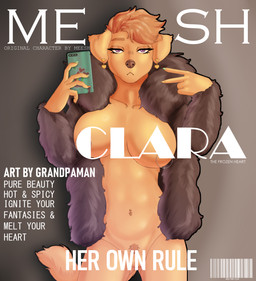 anthro big_breasts breasts cellphone clothed clothing ear_piercing electronics emotionless female fur fur_coat genitals hair holding_cellphone holding_object holding_phone holding_smartphone looking_at_viewer magazine nipple_piercing nipple_ring nipples nude phone piercing ring_piercing simple_background smartphone solo tail text vulva grandpaman clara_(meesh) bird_dog canid canine canis domestic_dog golden_retriever hunting_dog mammal retriever cover digital_media_(artwork) english_text hi_res magazine_cover