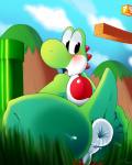 ambiguous_fluids anus balls blush butt genitals male perineum puffy_anus raised_tail solo tail tail_anus white_anus filtrandez mario_bros nintendo green_yoshi scalie yoshi 4:5 hi_res