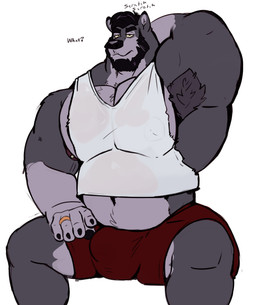 anthro armpit_hair barazoku barbell_piercing beard belly body_hair bottomwear bulge clothing detailed_bulge digit_ring eyebrows facial_hair hand_behind_head jewelry looking_at_viewer male musclegut muscular muscular_arms muscular_male navel nipple_barbell nipple_piercing nipples pecs piercing ring shirt shorts simple_background sitting solo talking_to_viewer tank_top text topwear wedding_ring white_background tcw canid canine canis mammal wolf english_text hi_res