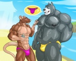 abs anthro athletic beach biceps big_muscles black_nipples black_nose blue_eyes blush brown_body brown_eyes brown_fur bulge claws clothed clothing cloud detailed_background duo ear_piercing fur grey_body grey_fur grin interspecies larger_male male male/male massage musclegut muscular muscular_male nipple_piercing nipples oil open_mouth outside pec_grab pecs piercing pink_clothing pink_nose pose question_mark sand sea seaside size_difference sky slightly_chubby smaller_male smile speedo standing swimwear tan_body tan_fur teeth topless water kartos hound_(character) tiptoe_(character) canid canine canis domestic_dog great_dane mammal mastiff molosser murid murine rat rodent 2013 5:4