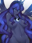 2014 3:4 anthro areola bangs bansanv3 bedroom_eyes big_breasts black_background blue_areola blue_body blue_eyes blue_eyeshadow blue_feathers blue_hair blue_horn blue_lips blue_skin breasts casual_nudity censored convenient_censorship cosmic_hair crown crown_only curvy_figure equid equine ethereal_hair eye_through_hair eyebrow_through_hair eyebrows eyelashes eyeshadow feathered_wings feathers female friendship_is_magic front_view glistening glistening_body glistening_breasts glistening_eyes glistening_lips glistening_nose glistening_skin glowing gradient_background grey_background hair hair_covering_breasts half-closed_eyes half-length_portrait hasbro headgear horn jewelry jewelry_only light lips long_hair looking_at_viewer makeup mammal mascara my_little_pony mythological_creature mythological_equine mythology narrowed_eyes navel necklace necklace_only nude pinup portrait pose princess princess_luna_(mlp) pseudo_hair pubic_mound royalty seductive shadow simple_background small_waist smile solo spread_wings tiara tiara_only translucent translucent_hair unicorn_horn white_background wide_hips winged_unicorn wings