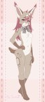 4_toes 5_fingers accessory anthro bow_ribbon breasts brown_body brown_fur chest_tuft feet female fingers fur hair navel nude pink_eyes pink_hair simple_background solo toes tuft white_body white_fur sashatf felid feline lynx mammal 2024 absurd_res hi_res