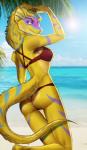 anthro beach bikini bra butt clothing detailed_background female lens_flare looking_at_viewer outside sand seaside sky solo standing swimwear tail two-piece_swimsuit underwear water stesha_di mythology alayana dragon mythological_creature mythological_scalie scalie hi_res