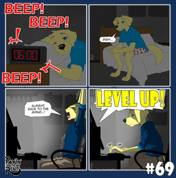 alarm_clock anthro bedroom clock clothing computer dialogue electronics gaming hoodie humor male playing_video_game shirt sitting solo speech_bubble t-shirt tired tired_eyes topwear underwear waking_up ariesartist ben_(ariesartist) absurd_res alpha_channel comic hi_res