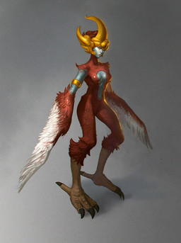 armor breasts feathered_wings feathers feet female grey_background headgear helmet red_body red_feathers simple_background solo standing talons toes wings gerryarthur european_mythology greek_mythology mythology avian harpy humanoid mythological_avian mythological_creature 2013 digital_media_(artwork)