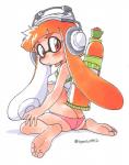 barefoot blush butt clothing electronics eyemask eyewear feet female hair headphones long_hair looking_at_viewer looking_back orange_eyes orange_hair panties pink_clothing pink_panties pink_underwear pseudo_hair simple_background sitting soles solo tentacle_hair tentacles text thin_calves toes underwear wariza oyatsu nintendo splatoon inkling_girl kaori_(splatoon) animal_humanoid cephalopod cephalopod_humanoid humanoid inkling marine marine_humanoid mollusk mollusk_humanoid traditional_media_(artwork)