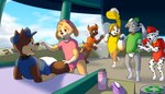 anthro clothing diaper feces female group male male/female messy_diaper plantigrade powder sitting soiled_diaper soiling unclean_diaper used_diaper baltnwolf_(artist) paw_patrol chase_(paw_patrol) marshall_(paw_patrol) rocky_(paw_patrol) rubble_(paw_patrol) skye_(paw_patrol) zuma_(paw_patrol) bird_dog bulldog canid canine canis cockapoo dalmatian domestic_dog english_bulldog german_shepherd herding_dog hunting_dog labrador mammal mastiff mixed_breed molosser pastoral_dog retriever absurd_res hi_res