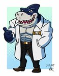 abs anthro biceps blue_body bottomwear clothing coat footwear gesture hand_gesture male muscular muscular_anthro muscular_male pants pecs shoes solo teeth thumbs_up topwear gepredators street_sharks ripster fish marine requiem_shark shark tiger_shark