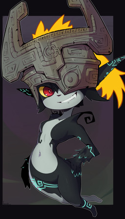 armor clothing female fused_shadow glowing glowing_markings hair hand_on_hip headgear headgear_only headwear helmet helmet_only markings navel one_eye_obstructed pointy_ears red_eyes smile solo teeth text toothy_grin wide_hips yellow_sclera imerald nintendo the_legend_of_zelda twilight_princess midna humanoid imp twili artist_name hi_res
