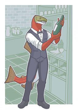 5_fingers adipose_fin anal_fin anthro biped black_bottomwear black_bow_tie black_clothing black_footwear black_pants black_shoes black_topwear black_vest bottle bottomwear bow_tie brick_wall brown_fin classy clothing collared_shirt container dorsal_fin dress_shirt fin fingers floor footwear green_body green_scales holding_bottle holding_container holding_object holding_wine_bottle humanoid_hands inside male male_anthro multicolored_body multicolored_scales multicolored_tail open_mouth orange_eyes outline pants pitcher pupils red_body red_scales red_tail rolled_up_sleeves scales sharp_teeth shirt slacks solo standing tail tail_fin teeth tile tile_floor tongs tools topwear vest wall_(structure) white_body white_clothing white_dress_shirt white_outline white_scales white_shirt white_tail white_topwear snarkysardine fish marine salmon salmonid_(fish) sockeye_salmon 2025 hi_res