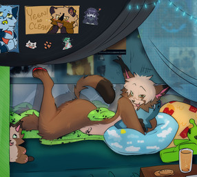 anthro bed bedroom beverage brown_body brown_fur container cookie cup detailed_background femboy food fur furniture green_eyes hug hugging_object looking_at_viewer lying male mirror multicolored_body on_side paws pillow plushie smile smirk solo tan_body tan_fur tongue tongue_out womb_tattoo kjayzdrw ikea microsoft minecraft mojang xbox_game_studios blahaj lucaowoo alien caracal caracal_(genus) felid feline hyena mammal hi_res meme