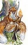 anthro digitigrade ears_up female leaf multi_tail nude plant simple_background sitting solo strategically_covered tail tree white_background cadmiumtea canid canine fox mammal spirit hi_res traditional_media_(artwork)