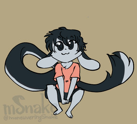 anthro black_body black_bottomwear black_clothing black_eyes black_fur black_hair black_shorts bottomwear clothing ears_down eyebrows fur hair long_tail looking_at_viewer male pink_clothing pink_shirt pink_topwear pivoted_ears raised_eyebrows shirt shorts simple_background sitting smile solo tail tail_motion tailwag tan_background text topwear white_body white_fur mvsnake unknown_species 2d_animation animated artist_name