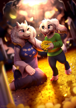 age_difference anthro blue_eyes blush breasts clothed clothing daww dress duo eye_contact female flower flower_garland forest forest_background fully_clothed fur green_clothing green_sweater green_topwear hand_on_face holding_flower holding_object horn looking_at_another male nature nature_background older_female on_ground open_mouth outside pattern_clothing pattern_sweater pattern_topwear plant sitting standing striped_clothing striped_sweater striped_topwear stripes sweater tail topwear tree white_body white_fur young young_anthro young_male younger_male bloominglynx undertale undertale_(series) asriel_dreemurr toriel boss_monster_(undertale) bovid caprine goat mammal 2023 digital_media_(artwork) digital_painting_(artwork) hi_res painting_(artwork)