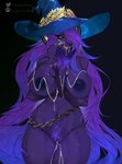 5_fingers anthro big_breasts big_hat black_background black_sclera blue_eyes bodily_fluids breasts chain clothing cum cum_drip cum_on_breasts cum_on_chest cum_on_face cum_on_hand cum_on_leg dark_body dark_fur dark_hands dark_nipples dripping eyelashes fangs female fingers fur genital_fluids genitals gold_nails hair hat headgear headwear holding_breast horizontal_pupils horn inverted_nipples laurel_wreath leaking_cum long_eyelashes long_hair looking_at_viewer magic_user messy_fur messy_hair neck_tuft nipples open_mouth pubes pupils purple_body purple_fur purple_hair pussy simple_background solo standing teeth tuft witch_hat maaartens delta_rex_(myick) bovid caprine goat mammal absurd_res hi_res