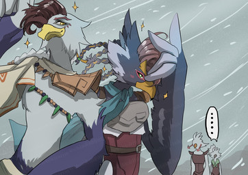 anthro beak blue_body blue_feathers covering covering_face feathers group jewelry looking_at_viewer male pseudo_hair smile white_body white_feathers wind winged_arms wings chikichikitaron age_of_imprisonment breath_of_the_wild hyrule_warriors nintendo tears_of_the_kingdom the_legend_of_zelda background_character raphica_(tloz) revali teba_(tloz) tulin_(tloz) avian bird rito hi_res