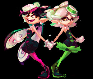 boots clothing duo ear_piercing ear_ring fangs female footwear gloves hand_holding handwear heart_symbol humanoid_pointy_ears markings mole_(marking) open_mouth open_smile piercing pointy_ears pose pseudo_hair ring_piercing shoes smile teeth tentacle_hair tentacles yellow_eyes delano-laramie nintendo splatoon callie_(splatoon) marie_(splatoon) animal_humanoid aquatic aquatic_humanoid cephalopod cephalopod_humanoid humanoid inkling mollusk mollusk_humanoid 2015 cousins_(lore)