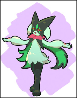 3_claws 3_fingers abstract_background ambiguous_gender anthro black_border border cape claws clothing facial_markings fangs feet finger_claws fingers flower_(anatomy) flower_trick fur green_body green_fur green_legs green_mask head_markings leaf_(anatomy) markings mask open_mouth pawpads pupils purple_background red_eyes simple_background slit_pupils solo standing tail teeth white_background white_sclera momensarada nintendo pokemon generation_9_pokemon meowscarada pokemon_(species) 2022 absurd_res colored full-length_portrait hi_res portrait