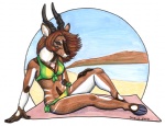 anthro bikini brown_hair clothed clothing ear_piercing female hair hooves horn jewelry necklace on_towel piercing pose skimpy solo swimwear towel two-piece_swimsuit beerhorse abeni antelope bovid mammal