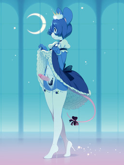 accessory anthro balls_in_panties balls_in_underwear blue_body blue_fur blue_hair boots bow_ribbon bracelet choker clothed clothing clothing_lift crescent_moon crossdressing crown detailed_background dress dress_lift erection femboy footwear frilly frilly_clothing frilly_dress frilly_legwear fur furgonomics garter_belt garter_straps genitals hair headgear high_heels humanoid_genitalia humanoid_penis inside jewelry lace_panties legwear male moon multicolored_body multicolored_fur navel necklace partially_clothed penis pink_inner_ear prince puffy_sleeves ribbons royalty shoes short_hair side_view solo standing star tail tail_accessory tail_bow tail_ribbon thigh_boots thigh_highs two_tone_body two_tone_fur window miu mammal mouse murid murine rodent 3:4 full-length_portrait hi_res portrait