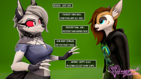anthro bloodshot_eyes blue_eyes clothed clothing collar dialogue drug_usage drugs duo female frown hoodie implied_drugs lidded_eyes male male/female marijuana open_mouth raised_arms red_eyes simple_background spiked_collar spikes topwear lovewood_studios aeridiccore_(modeler) hellaverse helluva_boss mythology ezra_summers_(lovewoodstudios) loona_(helluva_boss) canid canid_demon canine demon fennec_fox fox hellhound mammal mythological_canine mythological_creature true_fox 16:9 3d_(artwork) 4k absurd_res digital_media_(artwork) hi_res watermark widescreen