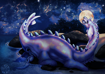 animal_genitalia anus beach big_anus claws erection feral feral_penetrated fur genital_slit genitals green_claws green_eyes larger_penetrated looking_at_viewer male penetration pink_body pink_fur pink_tongue sea size_difference solo tongue water avian-king wishes_(avian-king) hybrid detailed