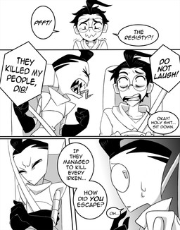 aged_up ahoge black_hair clothed clothing dialogue driving duo eyewear glasses hair male not_furry open_mouth pak seat_belt sitting speech_bubble text topwear inimoose invader_zim nickelodeon dib_membrane zim_(invader_zim) alien alien_humanoid human humanoid irken mammal comic digital_media_(artwork) english_text hi_res monochrome