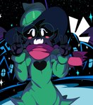 anthro black_body black_fur blush city cityscape clothed clothing cute_fangs double_v_sign eyewear fangs fully_clothed fur gesture glasses green_clothing hand_gesture happy hat headgear headwear heart_symbol male open_mouth outside robe scarf solo teeth v_sign wizard_hat captainkirb deltarune undertale_(series) ralsei bovid caprine darkner goat mammal 2019 absurd_res hi_res portrait