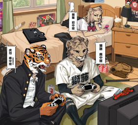 anthro bed bedroom black_bottomwear black_clothing black_ears black_footwear black_pants black_skirt black_socks black_topwear bottomwear clothed clothing controller electronics fangs female footwear fully_clothed fur furniture game_controller gaming group hair holding_controller holding_game_controller holding_object inside male on_bed orange_body orange_fur pants playing_video_game red_tongue skirt socks tan_body tan_ears tan_fur tan_hair teeth television text tongue topwear trio whiskers white_body white_clothing white_footwear white_fur white_socks white_topwear lljh felid lion mammal pantherine tiger chinese_text hi_res brother_(lore) brother_and_sister_(lore) sibling_(lore) sister_(lore)