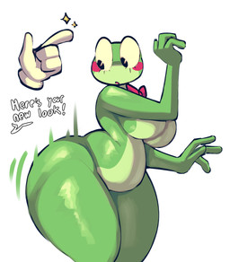 anthro big_breasts big_butt bow_tie breasts butt cheek_spots countershade_face countershade_torso countershading dialogue disembodied_hand eyelashes female green_body looking_at_own_butt simple_background solo text thick_thighs white_background astonarts glitch_productions the_amazing_digital_circus ribbit_(tadc) amphibian frog 2026 absurd_res english_text hi_res
