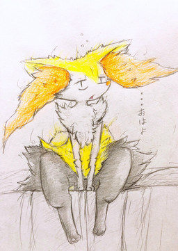 ambiguous_anthro ambiguous_gender anthro bed bedhead biped digitigrade front_view furniture hair looking_at_viewer messy_fur messy_hair on_bed open_mouth sitting solo text eiroru nintendo pokemon braixen canid generation_6_pokemon mammal pokemon_(species) 2018 colored_pencil_(artwork) full-length_portrait graphite_(artwork) hi_res japanese_description japanese_text portrait traditional_media_(artwork) translated translated_description