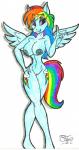 anthro anthrofied areola blue_body blue_feathers blue_fur breasts cutie_mark equid equine feathered_wings feathers female friendship_is_magic fur genitals gesture hair hand_gesture hasbro hi_res mammal multicolored_hair multicolored_tail my_little_pony mythological_creature mythological_equine mythology nipples pegasus pointing pussy rainbow_dash_(mlp) rainbow_hair rainbow_tail smile solo tail toddrogue69 wings
