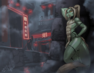 abs anthro cjk_character clothed clothing crossdressing facial_hair fishnet_clothing flaccid genitals goatee green_body humanoid_genitalia humanoid_penis lamp lantern looking_at_viewer male mostly_nude outside penis pose red_eyes skimpy solo standing tail underwear bleats asian_mythology east_asian_mythology mythology sek-raktaa dragon eastern_dragon mythological_creature mythological_scalie scalie hi_res