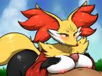 2017 anthro areola bent_over big_breasts blush bodily_fluids breast_play breast_squish breasts canid canine delphox duo erection female female_on_human fur generation_6_pokemon genital_fluids genitals gusscass hand_on_breast holding_breast human human_on_anthro interspecies male male/female male_on_anthro mammal nintendo nipples nude penis pokemon pokemon_(species) pokephilia precum sex squish titfuck