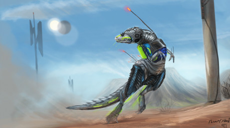 ambiguous_gender armor cybernetics day dirt dust feral machine outside sky solo standing sun teeth what_has_science_done themefinland cyborg dinosaur dromaeosaurid prehistoric_species reptile scalie theropod velociraptor absurd_res hi_res